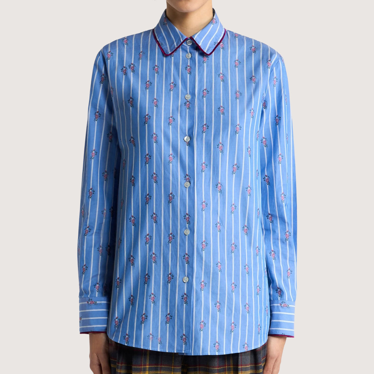 Cotton Jacquard Shirt Coupé Stripe & Flower Motif