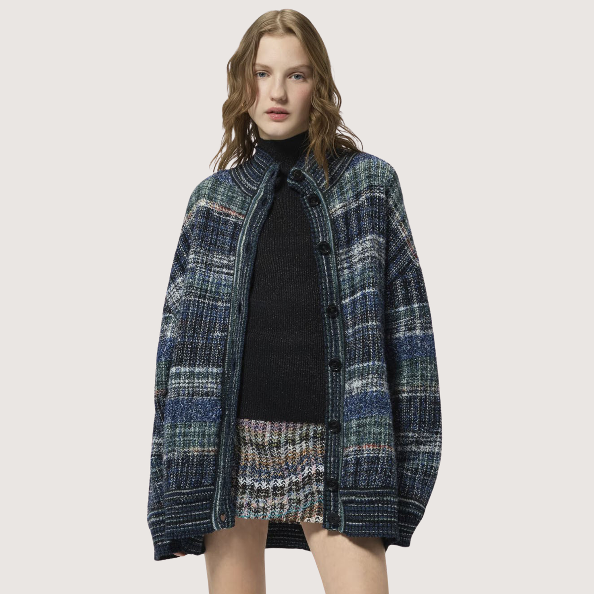 Oversized Wool-Blend Check Cardigan
