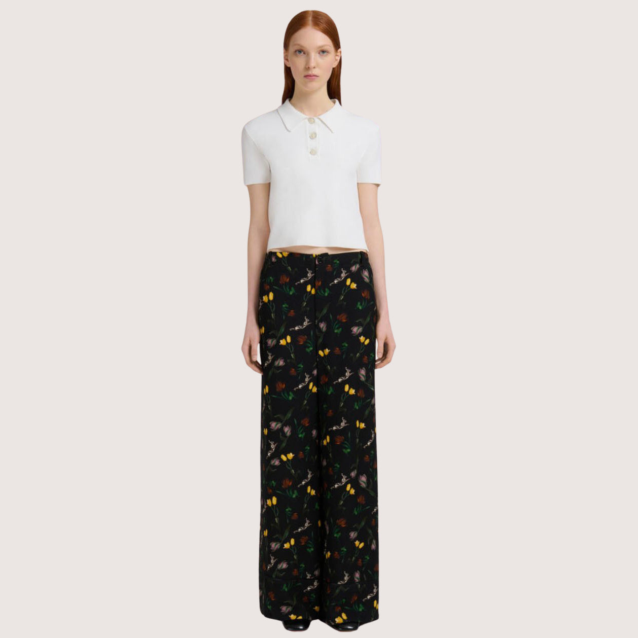 Envers Satin Palazzo Trousers With Tulips And Hares Print