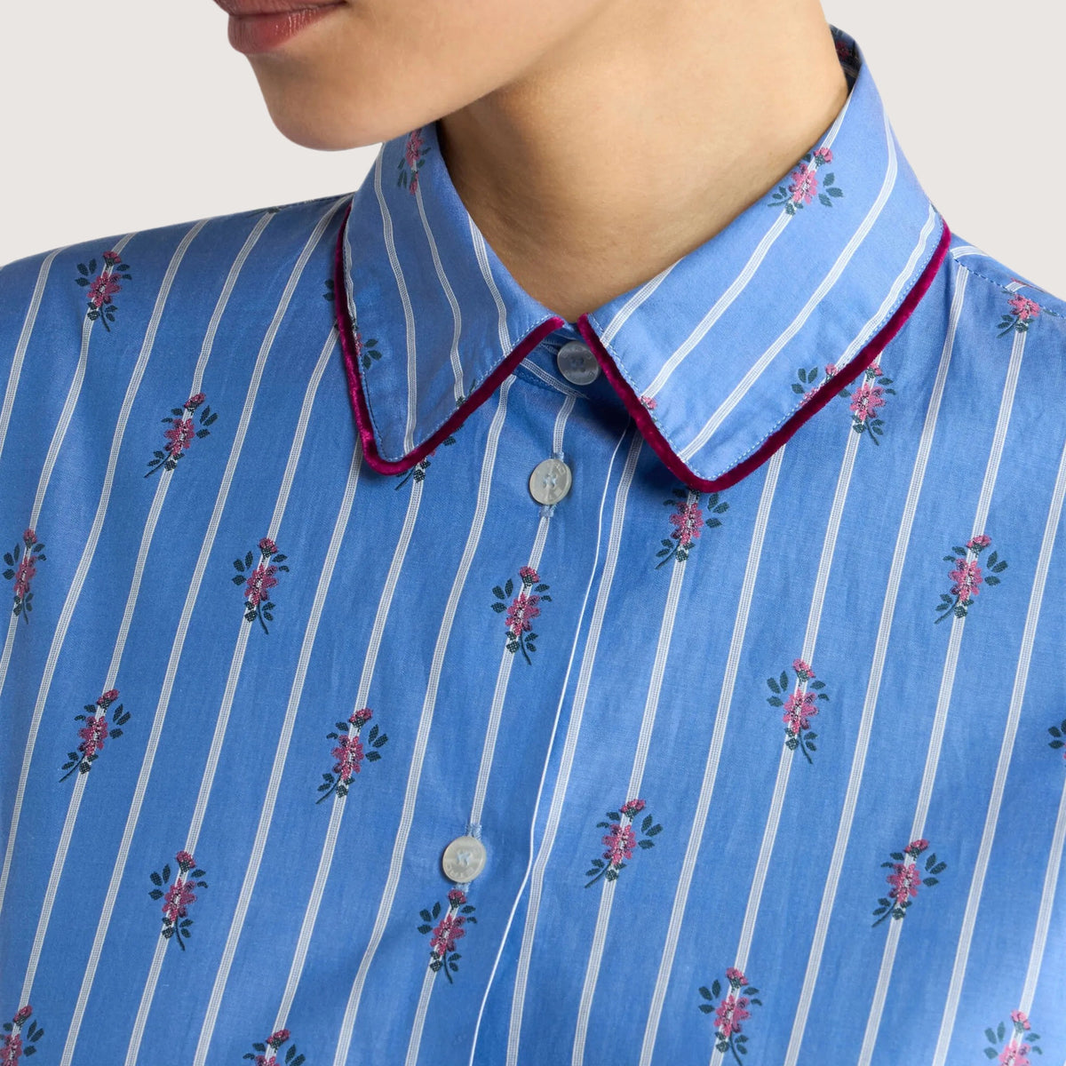 Cotton Jacquard Shirt Coupé Stripe & Flower Motif