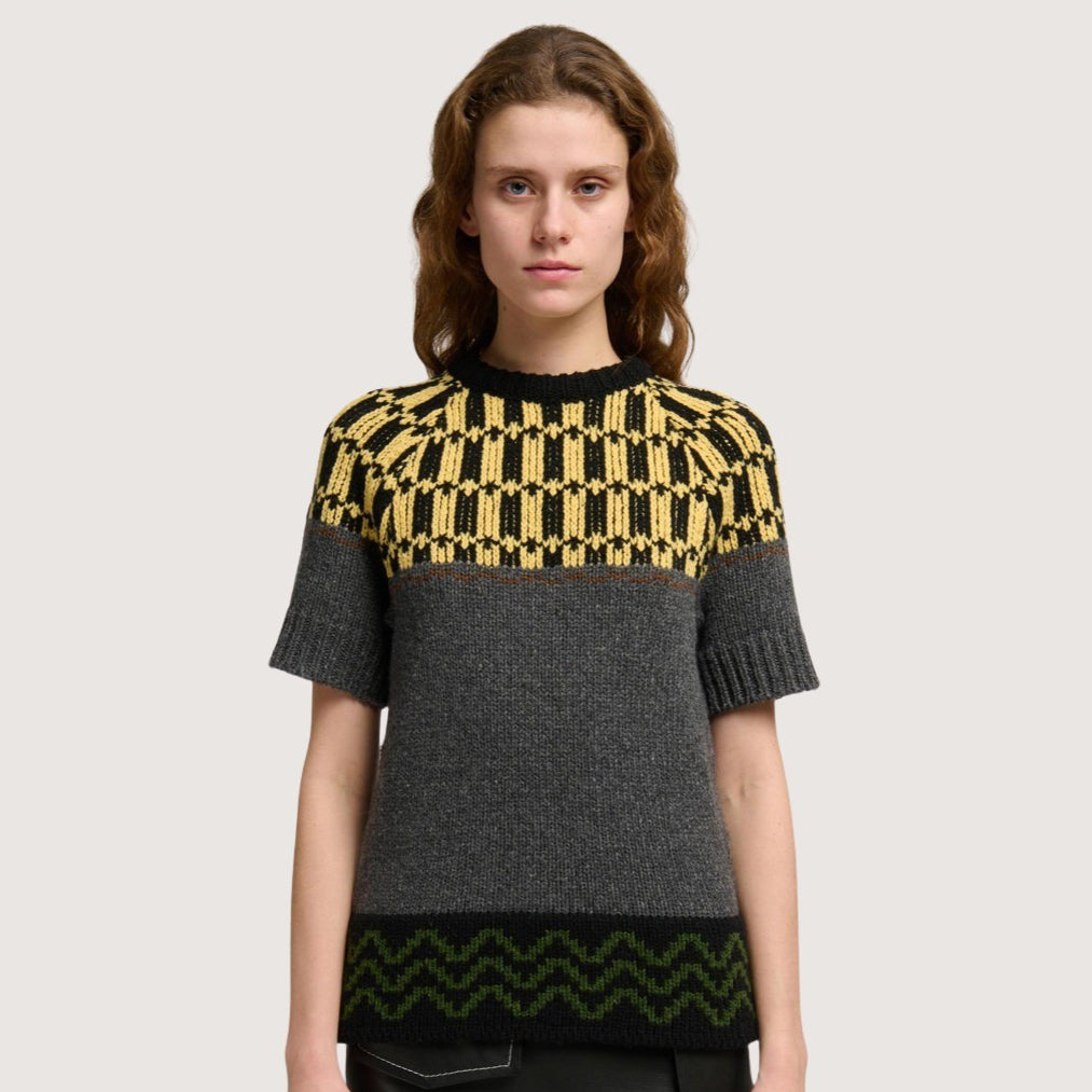 Intarsia-Knit Short-Sleeve Sweater