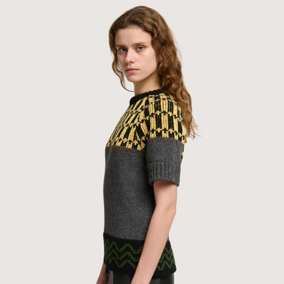 Intarsia-Knit Short-Sleeve Sweater