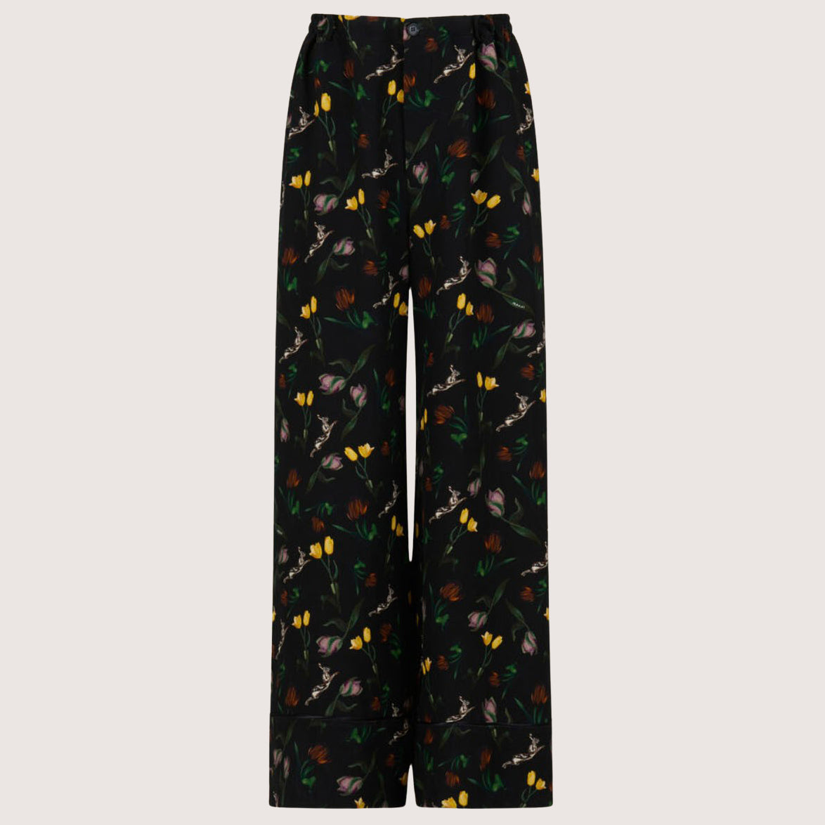 Envers Satin Palazzo Trousers With Tulips And Hares Print