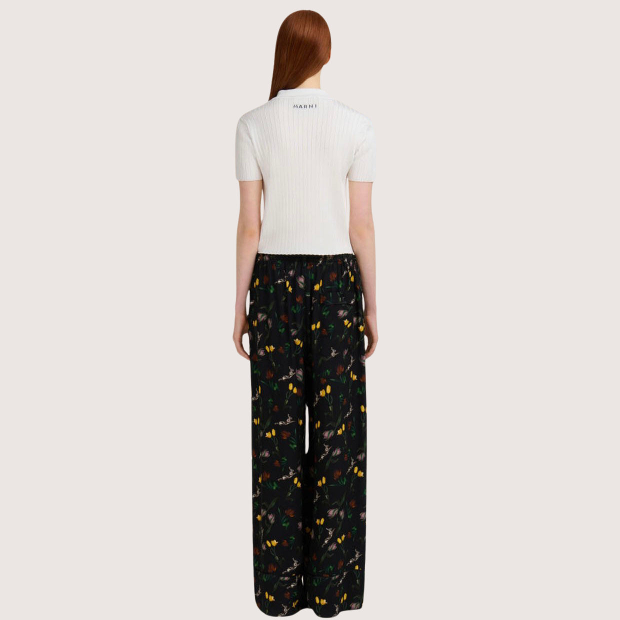 Envers Satin Palazzo Trousers With Tulips And Hares Print
